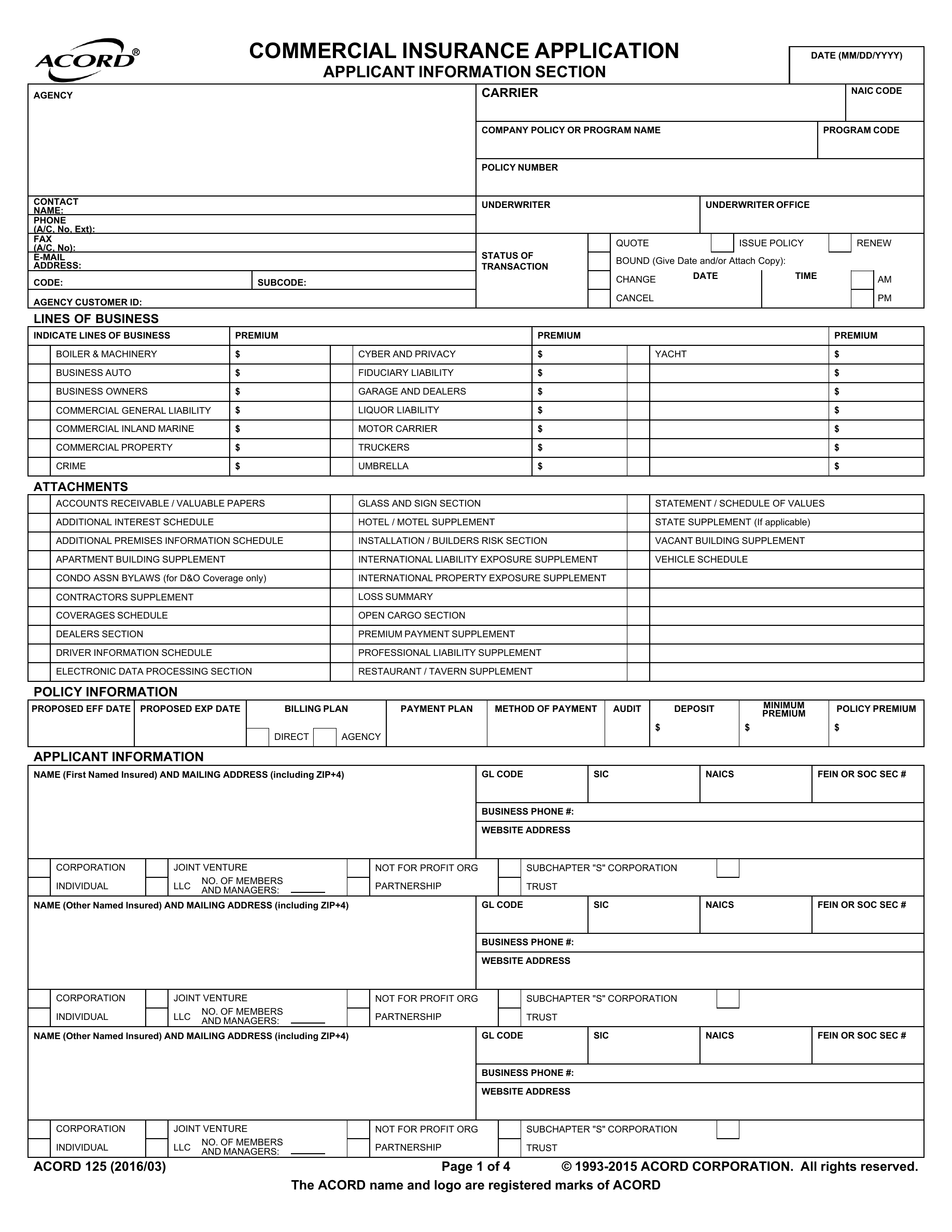 Page one of the actual ACORD 125 commercial insurance application available in OnePass
